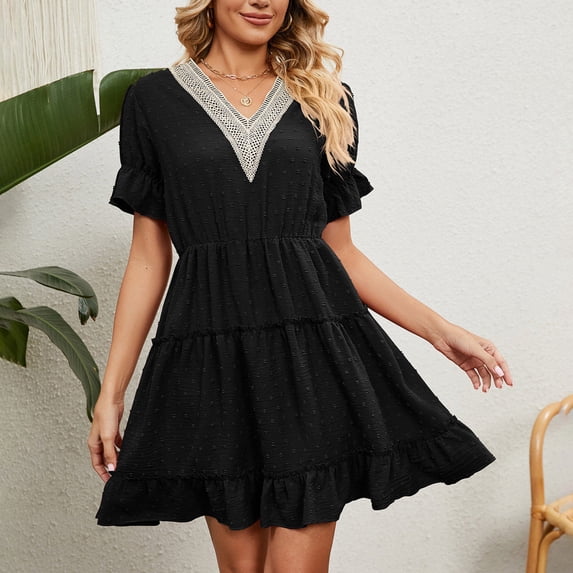 ClodeEU Women's Summer V Neck Short Sleeve Ruffle Tiered Mini Dress, Loose Fit Casual Flowy Sundress Black,Women's Plus L