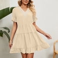 thumbnail image 1 of ClodeEU Women's Summer V Neck Short Sleeve Ruffle Tiered Mini Dress, Loose Fit Casual Flowy Sundress Khaki,Women's Plus XL, 1 of 8