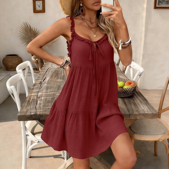 ClodeEU Women's Summer V Neck Spaghetti Strap Ruched Ruffle Hem Mini Dress,Solid Color Loose Fit Casual Flowy Sundress Red,Women's Plus S