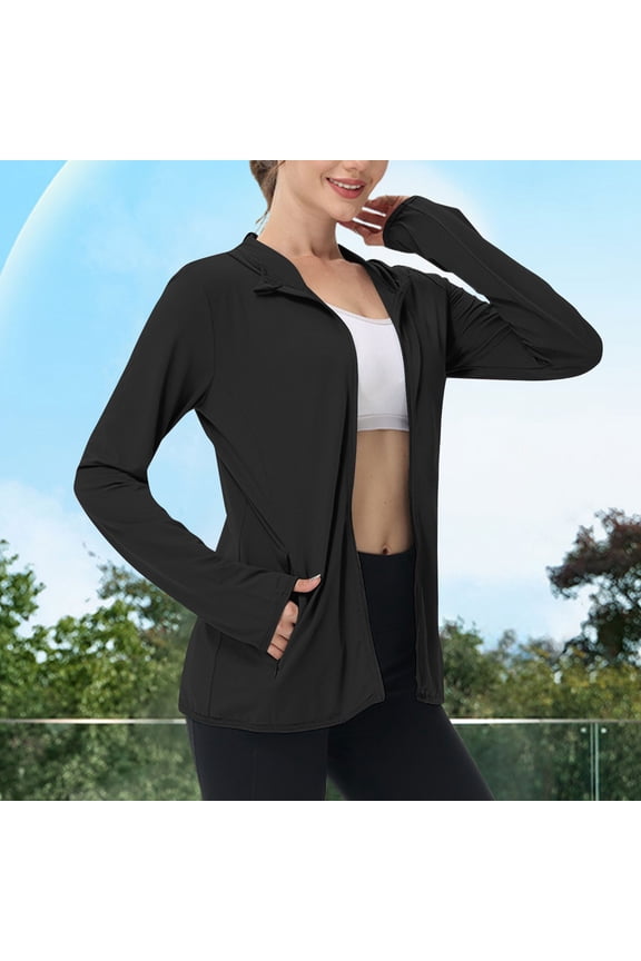 Women's Sun Protection Jacket,Lightweight Zip Long Sleeve Athletic Coat with Pockets,Quick Dry Outdoor Running Top Black,Womens Plus L