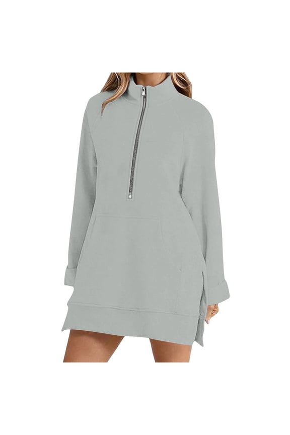 Women's Sweatshirt,Half Zip Mid Length Sweatshirt,Long Sleeve Puller Pullover With Pockets Gray,Womens Plus L