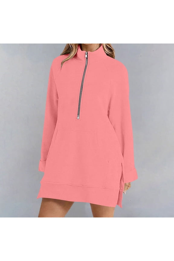 Women's Sweatshirt,Half Zip Mid Length Sweatshirt,Long Sleeve Puller Pullover With Pockets Pink,Womens Plus XL