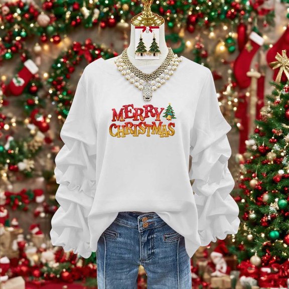 ClodeEU Women's Sweatshirt With Christmas Print ,Ruffle Long Sleeve Round Neck Loose Fit Pullover Tops White,Womens Plus S