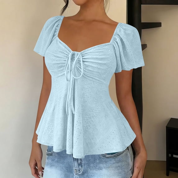 ClodeEU Women's Sweetheart V Neck Drawstring Ruffle Short Sleeve T Shirt Tops Light Blue,Womens Plus L