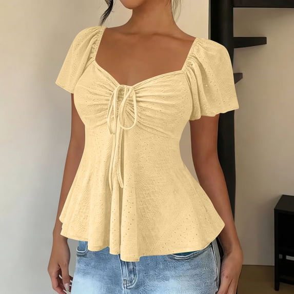 ClodeEU Women's Sweetheart V Neck Drawstring Ruffle Short Sleeve T Shirt Tops Yellow,Womens Plus M