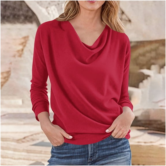 ClodeEU Women's T-shirt,V-Neck Casual Loose Top ,Solid T-shirt Long Sleeves Blouse,Pleated Collar Casual Red,Womens Plus XL