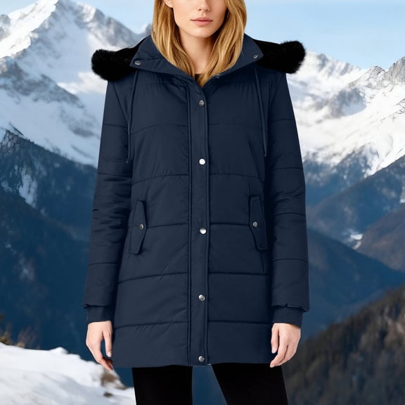 ClodeEU Women's Thicken Cotton Hooded Coat ,Warm Parka Jacket with Plush Removable Hood Navy,Womens Plus XXL