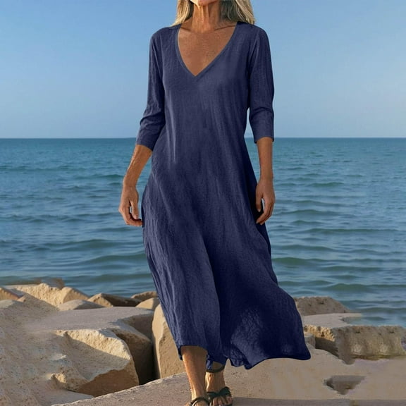 ClodeEU Women's Three-Quarter Sleeve Linen Blend Maxi Dress,V Neck Long Cover Up Beach Shirt Dress Navy,Womens Plus M