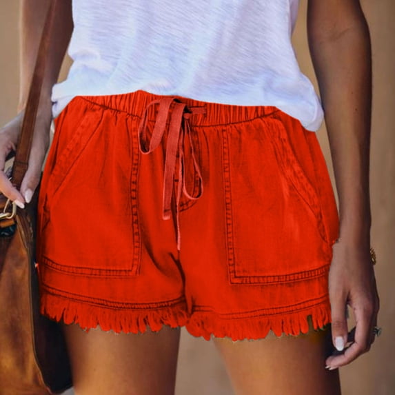 ClodeEU Women's Tie Elastic Waist Denim Shorts with Fringe ,Casual Summer Jean Shorts with Pockets Red,Womens Plus XL