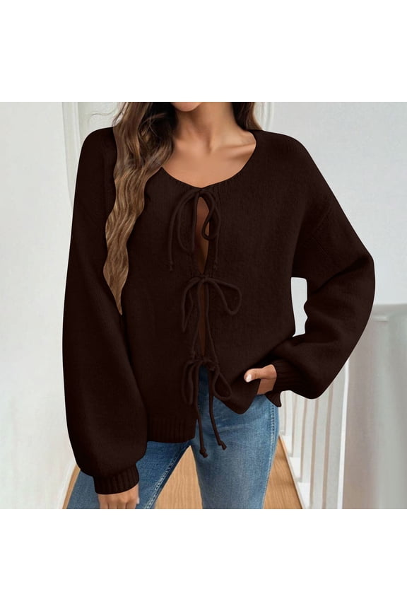 Women's Tie Front Bow Cardigan Sweaters ,Long Sleeve Ribbed Knit Trendy Sweater,Fall Loose Sweater Tops Coffee,Womens Plus L
