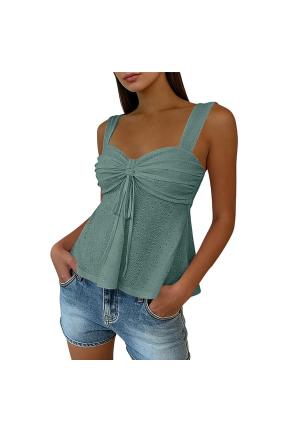 Women's Tie Front Ruffle Trim Drawstring Spaghetti Strap Tank, Fashion Casual Going Out Tops Mint Green,Womens Plus M