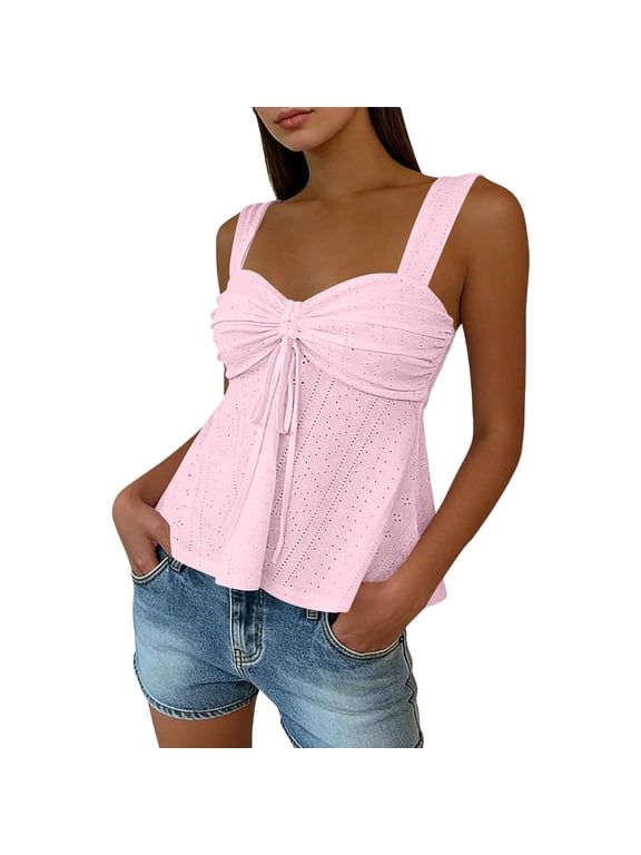 Women's Tie Front Ruffle Trim Drawstring Spaghetti Strap Tank, Fashion Casual Going Out Tops Pink,Womens Plus XXL