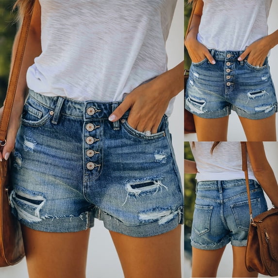 ClodeEU Women's Trendy Distressed Stretch Denim Shorts,Comfortable Casual Jean Shorts Blue,Womens Plus S