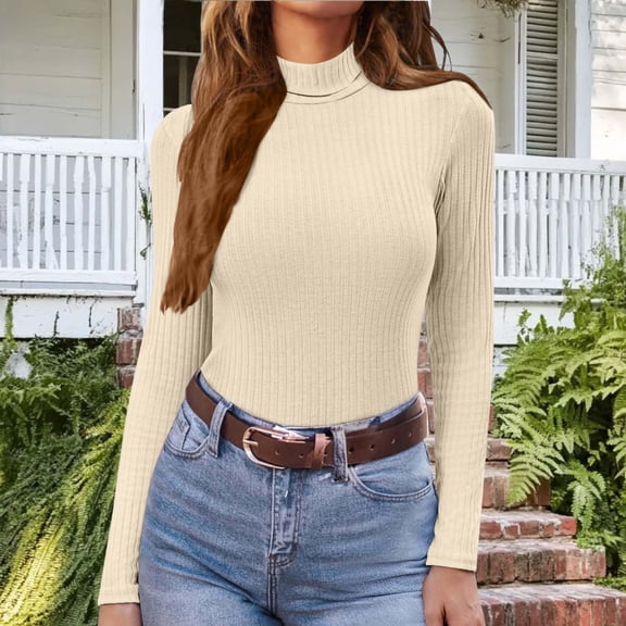 ClodeEU Women's Turtleneck Long Sleeve Shirts,Ribbed Brushed Fall Winter Slim Underwear Tops Beige,Womens Plus XXL