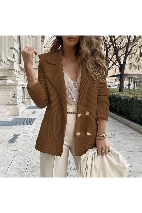 Women's Tweed Blazers Business Blazer,Trendy Long Sleeve Double Breasted Jackets Open Front Work Suits Coffee,Womens Plus S