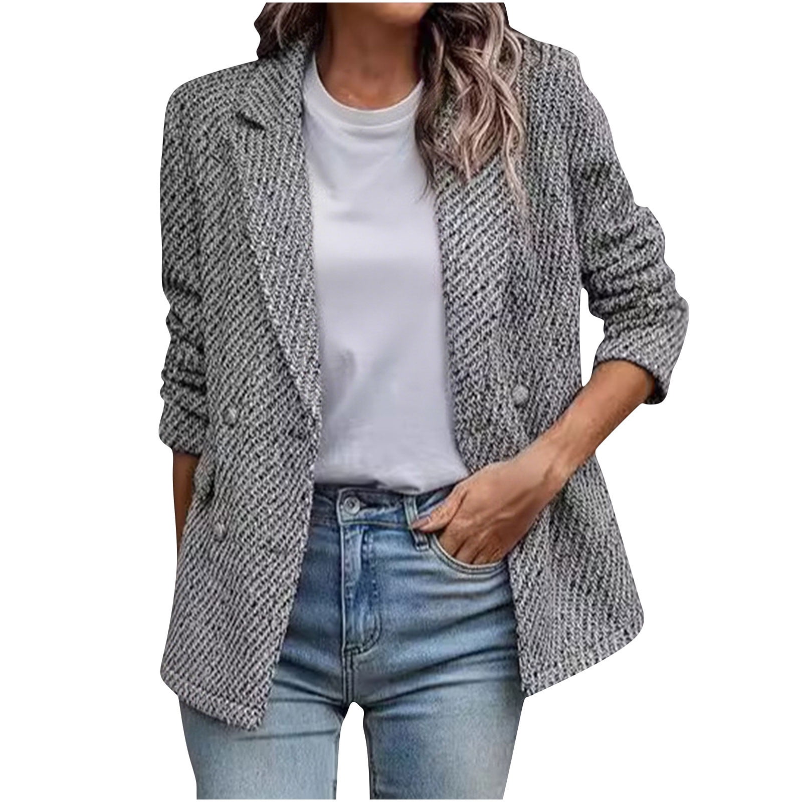 Women's Tweed Plaid Blazer Jacket With Pockets, Lapel Double Breasted Slim Business Jacket Gray,Womens Plus XL
