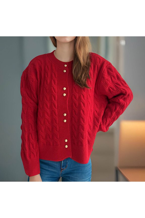 Women's Twist Knit Cardigan Sweater, Loose Long Sleeve Sweaters Coat, Open Front Button Down Warm Tops Red,Womens Plus L