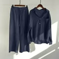 thumbnail image 1 of ClodeEU Women's Two Piece Set, Solid Color Single Breasted Long Sleeve Notched Collar Shirt ,Loose Wide Leg Pants Casual Fashion Outfit Navy,Womens Plus XXL, 1 of 5