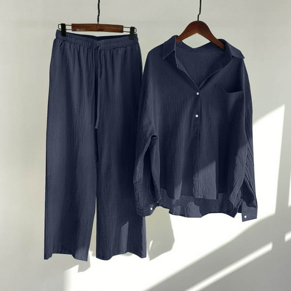 ClodeEU Women's Two Piece Set, Solid Color Single Breasted Long Sleeve Notched Collar Shirt ,Loose Wide Leg Pants Casual Fashion Outfit Navy,Womens Plus XXL