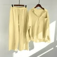 thumbnail image 1 of ClodeEU Women's Two Piece Set, Solid Color Single Breasted Long Sleeve Notched Collar Shirt ,Loose Wide Leg Pants Casual Fashion Outfit Yellow,Womens Plus XXL, 1 of 5