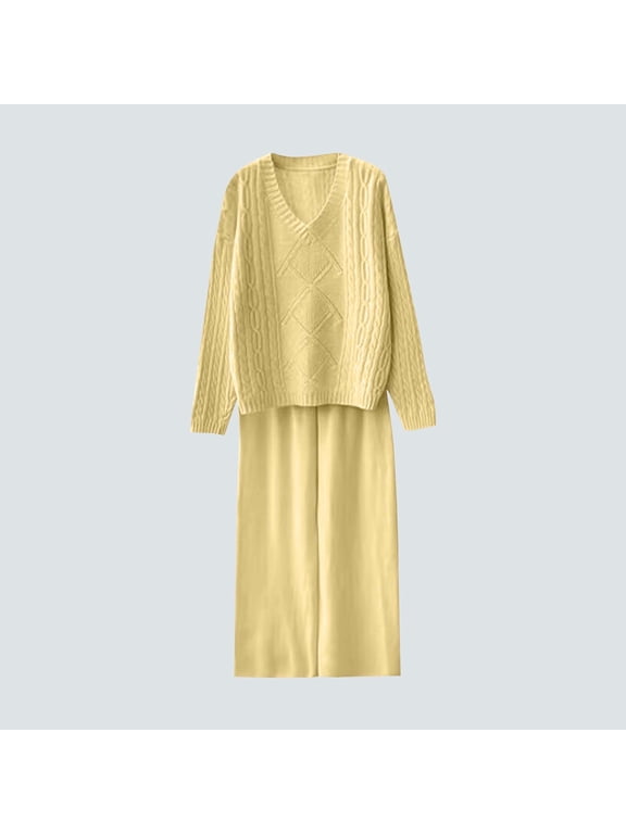 Women's Two-Piece Set,Solid Color V-Neck Cable Knit Sweater Set,Long Sleeve Top with Casual Straight Leg Pants Yellow,Womens Plus Free Size