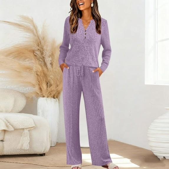 ClodeEU Women's Two Piece Set ,V Neck Top with Button ,Elastic Drawstring Waist Pants with Pockets Purple,Womens Plus S