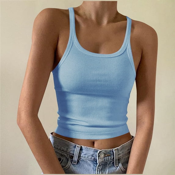 ClodeEU Women's U Neck Spaghetti Strap Tank Top,Solid Color Casual Slim Camisole Light Blue,Womens Plus L