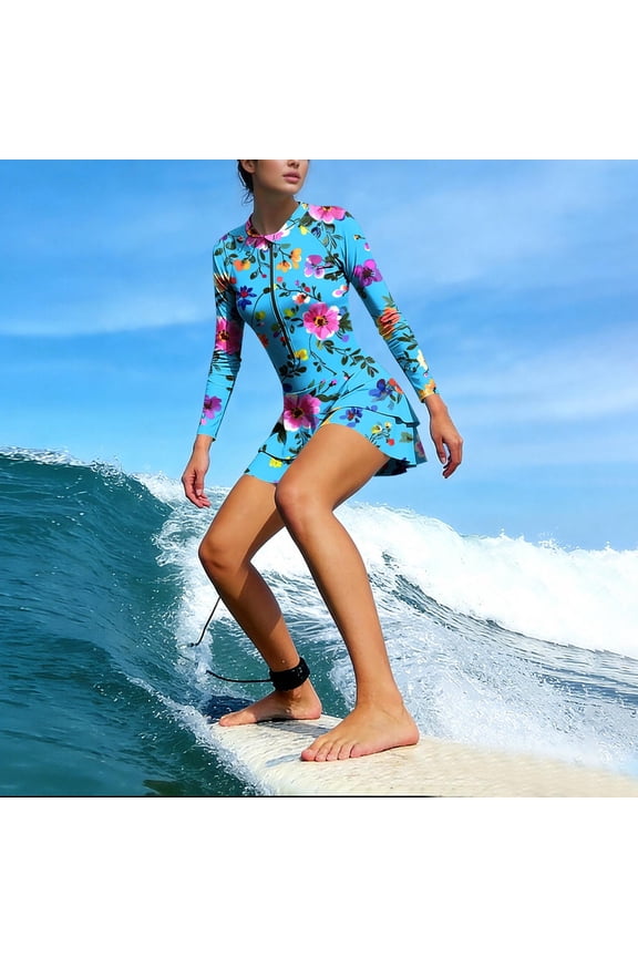 Women's UV Protection Quick Dry Surf Set Long Sleeve Zip Floral Print Tankini Dress with Built in Pads and Shorts Blue,Womens Plus S