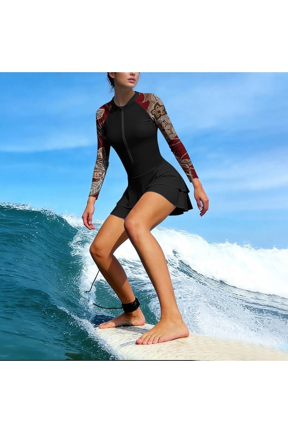 Women's UV Protection Quick Dry Surf Set Long Sleeve Zip Floral Print Tankini Dress with Built in Pads and Shorts Wine,Womens Plus S