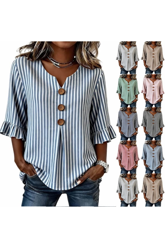 Women's V Neck 3/4 Flare Sleeve Button Striped Blouse,Casual Loose Fit Top Green,Women's Plus XXL