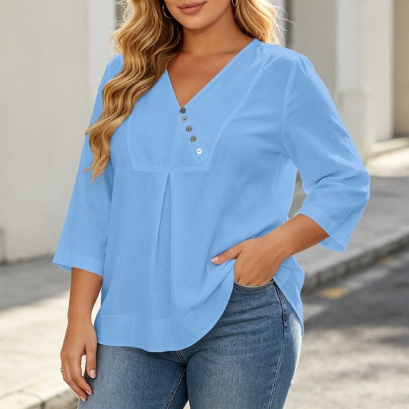 ClodeEU Women's V Neck 3/4 Flared Bell Sleeve Pleated Tunic Blouse,Casual Loose Plus Size Top Blue,Women's Plus L
