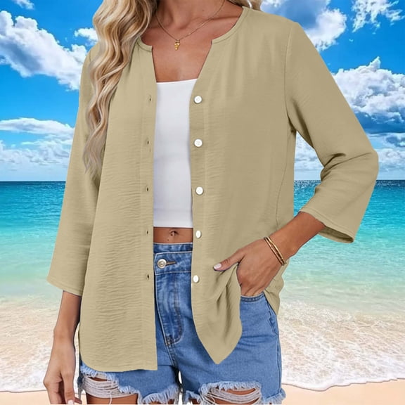 ClodeEU Women's V Neck 3/4 Sleeve Button Down Shirts,Casual Loose Fit Summer Spring Dressy Tops Khaki,Womens Plus S