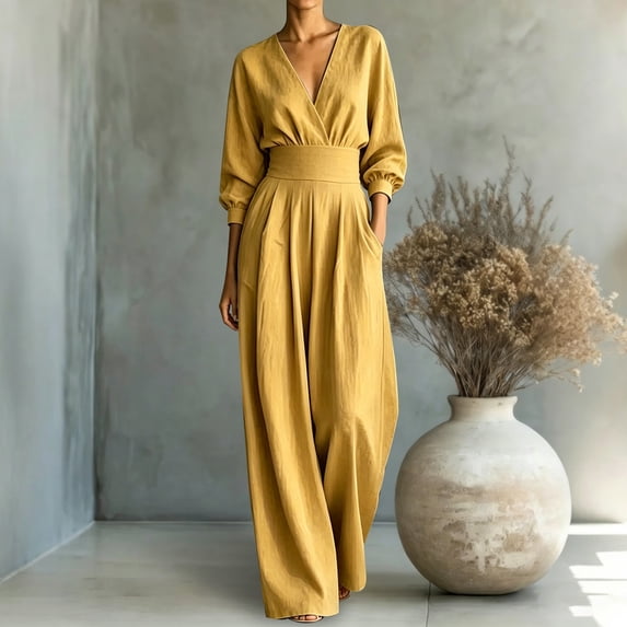 ClodeEU Women's V Neck 3/4 Sleeve Cinched Waist Wide Leg Jumpsuit ,Casual Long Romper ,Women's Plus M