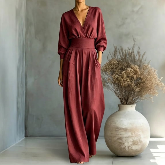 ClodeEU Women's V Neck 3/4 Sleeve Cinched Waist Wide Leg Jumpsuit ,Casual Long Romper ,Women's Plus XXXL