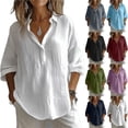 thumbnail image 1 of ClodeEU Women's V Neck 3/4 Sleeve Linen Blend Blouse,Casual Loose Fit Half Button Shirt Navy,Women's Plus XXL, 1 of 9