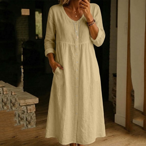 ClodeEU Women's V Neck 3/4 Sleeve Linen Blend Maxi Dress,Casual Loose Dress with Pockets Beige,Women's Plus L