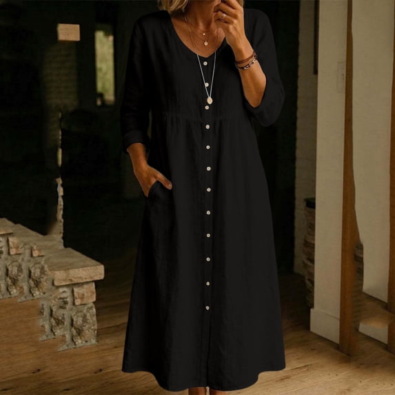 ClodeEU Women's V Neck 3/4 Sleeve Linen Blend Maxi Dress,Casual Loose Dress with Pockets Black,Women's Plus L