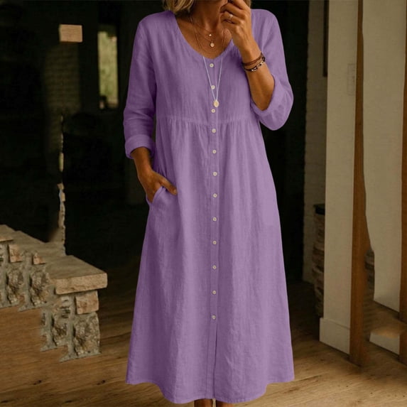 ClodeEU Women's V Neck 3/4 Sleeve Linen Blend Maxi Dress,Casual Loose Dress with Pockets Purple,Women's Plus L