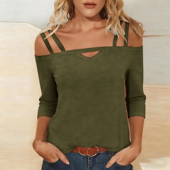 ClodeEU Women's V Neck 3/4 Sleeve Off-Shoulder Top, Fashion Solid Color Casual Fit T-Shirt Army Green,Women's Plus L