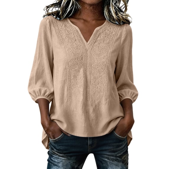 ClodeEU Women's V Neck 3/4 Sleeve Puff Sleeve Loose Blouse,Solid Color Casual Summer Top Khaki,Women's Plus XL
