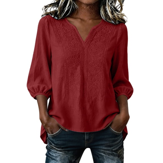 ClodeEU Women's V Neck 3/4 Sleeve Puff Sleeve Loose Blouse,Solid Color Casual Summer Top Red,Women's Plus XL