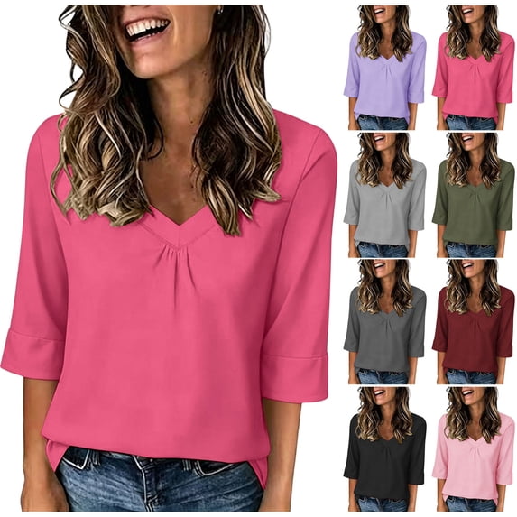 ClodeEU Women's V Neck 3/4 Sleeve Ruched T-Shirt, Casual Loose Fit Basic Top Pink,Women's Plus L