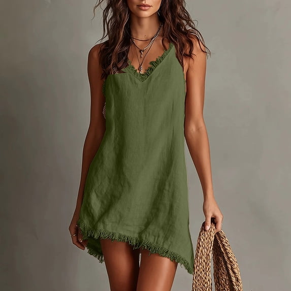 ClodeEU Women's V Neck Adjustable Spaghetti Strap Dress with Fringe Trim,Casual Summer Mini Dress Army Green,Women's Plus L
