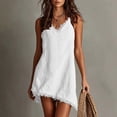 thumbnail image 1 of ClodeEU Women's V Neck Adjustable Spaghetti Strap Dress with Fringe Trim,Casual Summer Mini Dress White,Women's Plus XL, 1 of 8