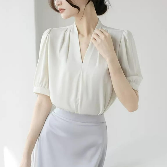 ClodeEU Women's V Neck Blouse ,Short Sleeve Work Shirts , Business Casual Summer Tops White,Womens Plus XL