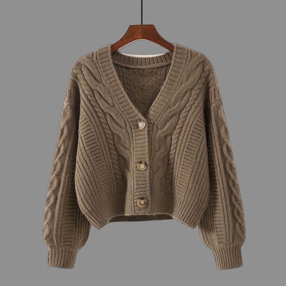 ClodeEU Women's V Neck Button Down Cropped Cable Knit Cardigan,Long Sleeve Loose Vintage Knit Outerwear Khaki,Women's Plus Free Size