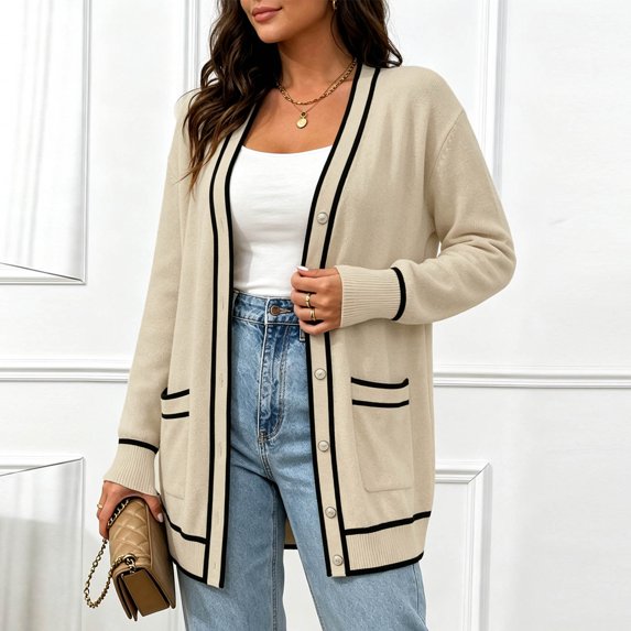ClodeEU Women's V Neck Button Down Knit Cardigan,Long Sleeve Casual Solid Sweater Jacket With Pockets ,Women's Plus XXXXXL