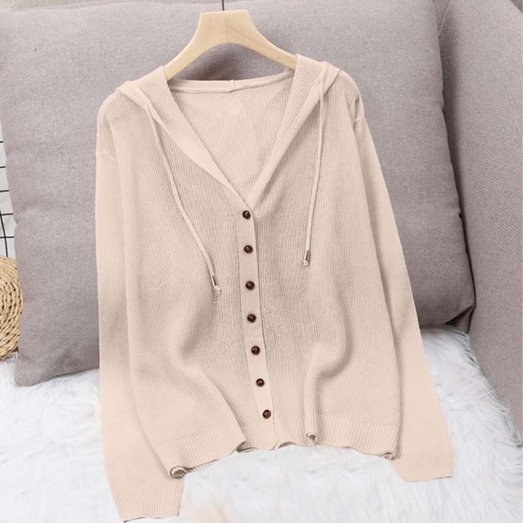 ClodeEU Women's V Neck Button Down Long Sleeve Cropped Knit Hooded Cardigan,Casual Solid Color Sweater Tops ,Women's Plus Free Size