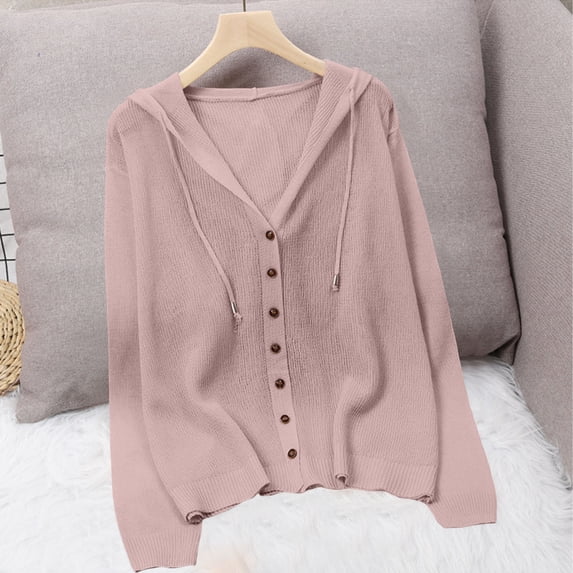 ClodeEU Women's V Neck Button Down Long Sleeve Cropped Knit Hooded Cardigan,Casual Solid Color Sweater Tops ,Women's Plus Free Size