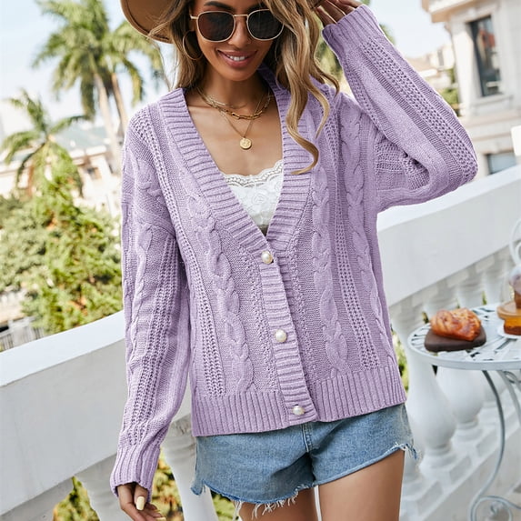 ClodeEU Women's V Neck Button Front Knit Cardigan, Long Sleeve Casual Open Front Sweater Purple,Womens Plus S